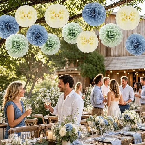 12 PCS Dusty Blue Sage Green Tissue Paper Pom Poms, Hanging Paper Flower Balls for Wedding, Baby Shower, Bridal Shower, Bachelorette, Birthday Party Decorations, Neutral Boho Theme Decor