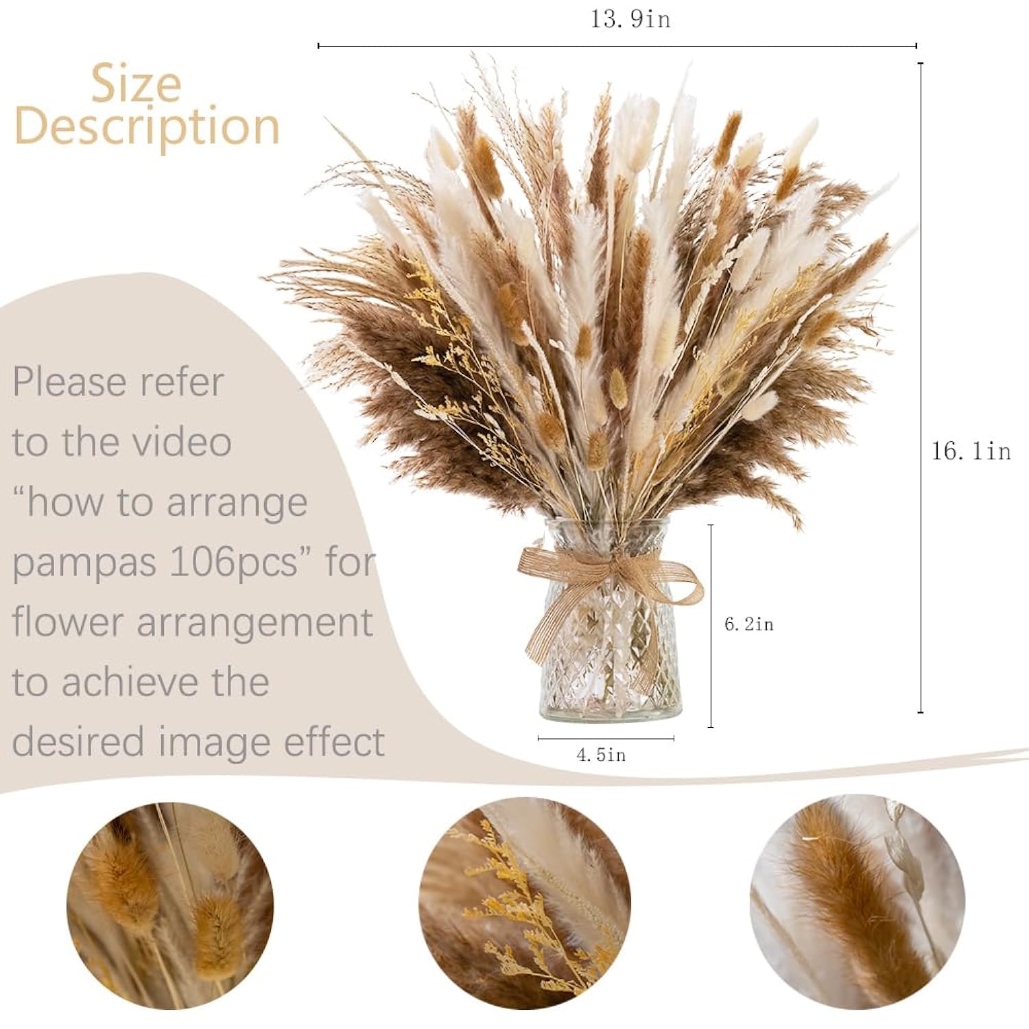 106Pcs Natural Dried Pampas Grass Decor With Vase Artificial Flowers In Vase Boho Home Decor Bouquet Bunny Tails Dried Flowers, Reed Grass Bouquet For Wedding Floral Arrangements (106Pcs)