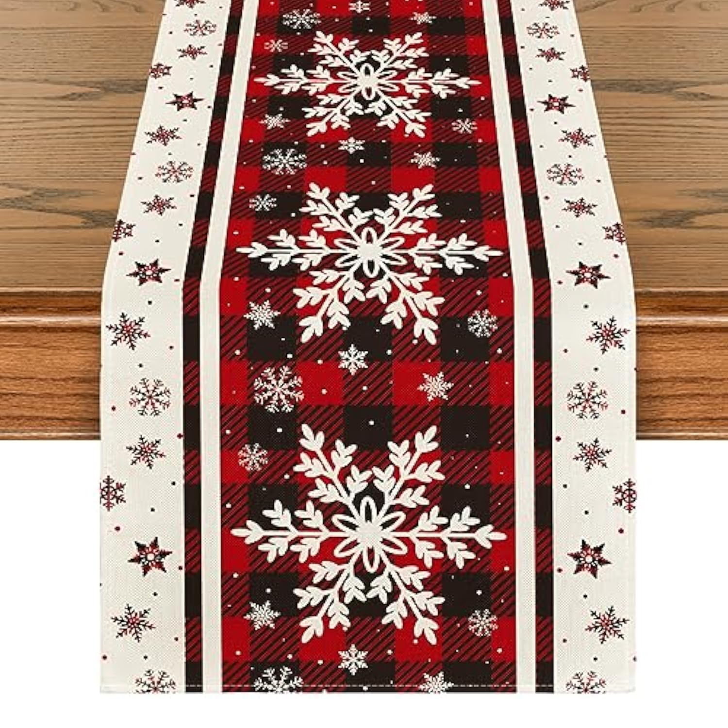 Buffalo Plaid Snowflakes Christmas Table Runner, Seasonal Winter Kitchen Dining Table Decoration For Home Party Decor 13X72 Inch