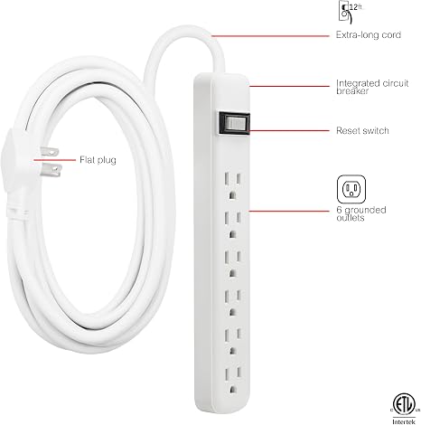 6 Outlet Power Strip 12FT Extension Cord Flat Plug Wall Mount On Off Switch White