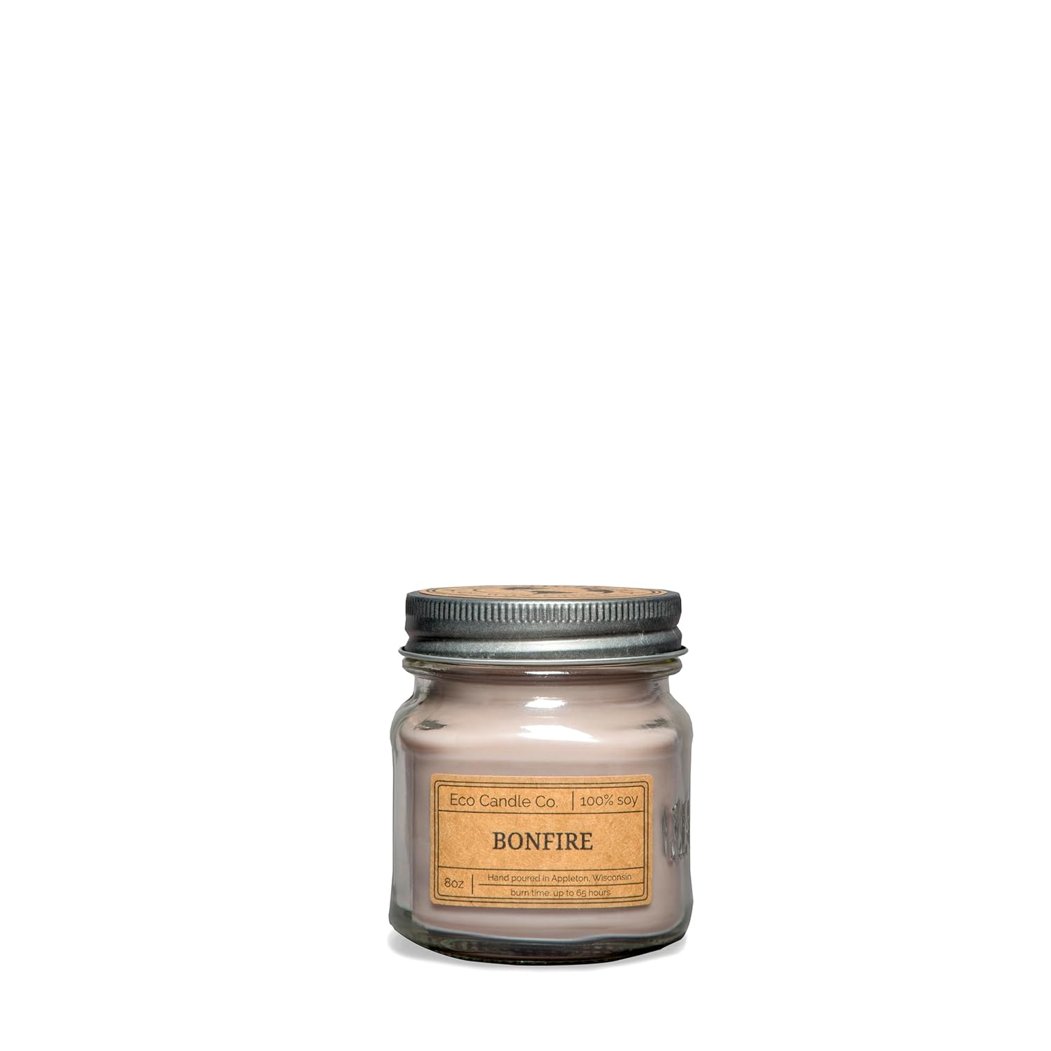 Mason Jar Candle, Bonfire, 8 Oz. - Scents Of Smoldering Wood, Smoke, & Incense - 100% Soy Wax, No Lead, Kraft Label & Antiqued Pewter Lid, Hand Poured, Made From Midwest Grown Soybeans