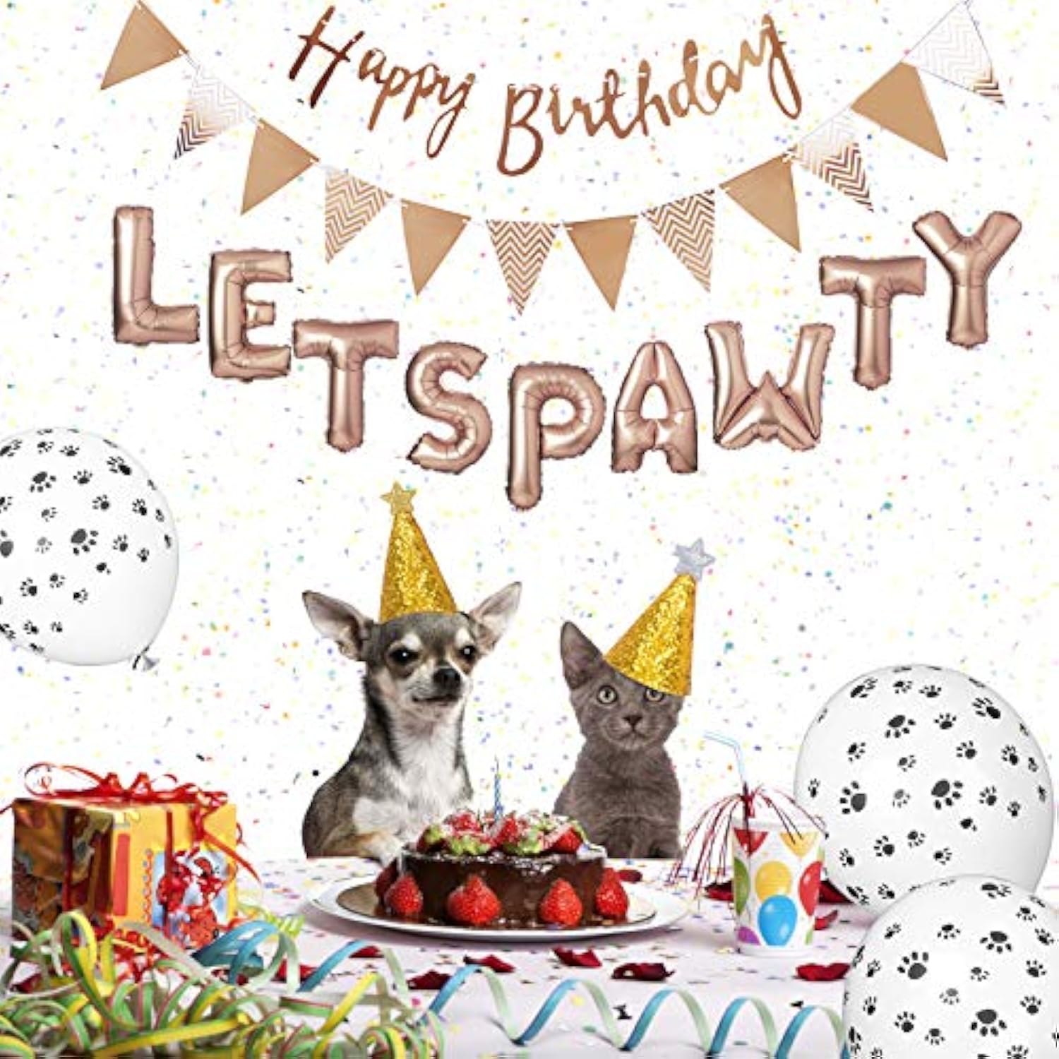 Dog Birthday Party Supplies Dog Paw Print Balloons Cat Birthday Hat Happy Birthday Banner Foil Balloons Lets Pa Letters Balloons Decorations (Rose Gold)