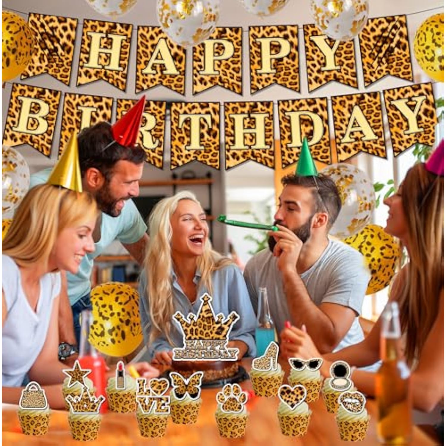 Cheetah Print Birthday Decor Leopard Safari Theme with Balloons Banner Cake Topper
