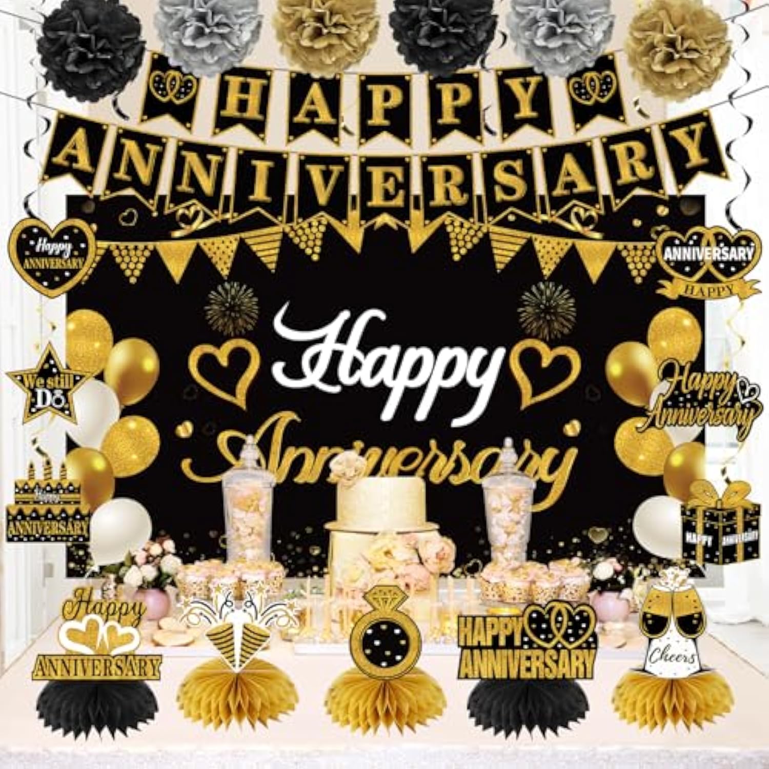 Happy Anniversary Decorations Kit - Black Gold Wedding Party Supplies - Large Banner, Backdrop, Table Centerpieces, Hanging Swirl, Paper Pompoms Decors