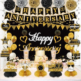Happy Anniversary Decorations Kit - Black Gold Wedding Party Supplies - Large Banner, Backdrop, Table Centerpieces, Hanging Swirl, Paper Pompoms Decors