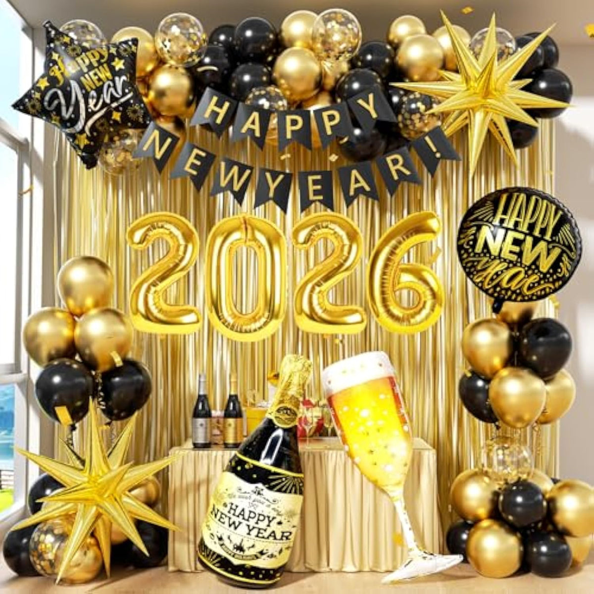 Black Gold New Year 2026 Party Set with Balloons, Banner & Fringe Backdrop