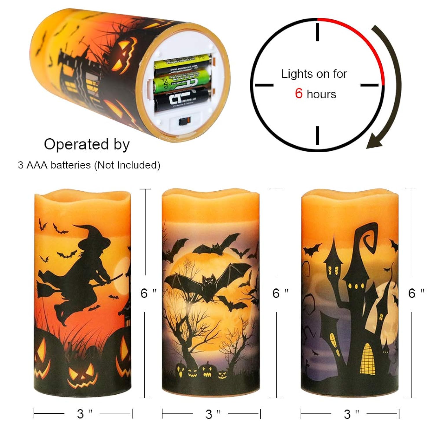 Halloween Flameless Flickering Led Candles With 6-Hour Timer, Battery Operated Wax Candles Assorted Decals Witch, Bats, Castle Set Of 3 For Decoration