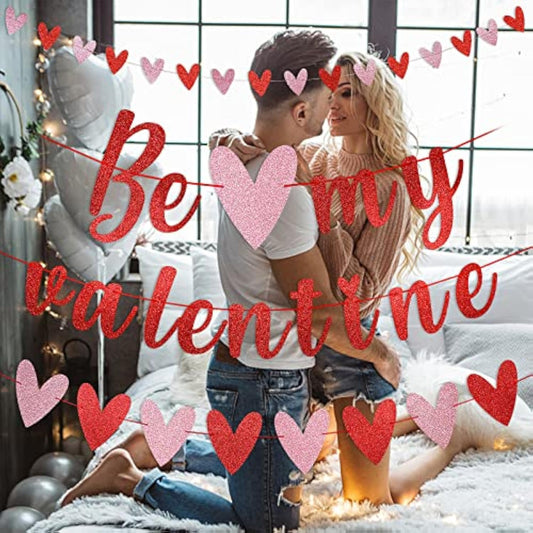 Red Glitter Be My Valentine Banner And Red Pink Valentines Day Heart Garland,Happy Valentines Day Banner For Valentine'S Day Party Wedding Home Decor