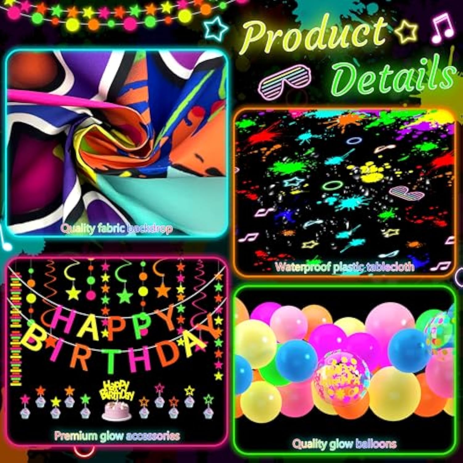 Neon Birthday Party Decoration Glow In The Dark Party Supplies Happy Birthday Backdrop Banner Neon Fluorescent Balloons Garland Arch Star Hanging Swirl Black Light Reactive Glow Tape Neon Streamer