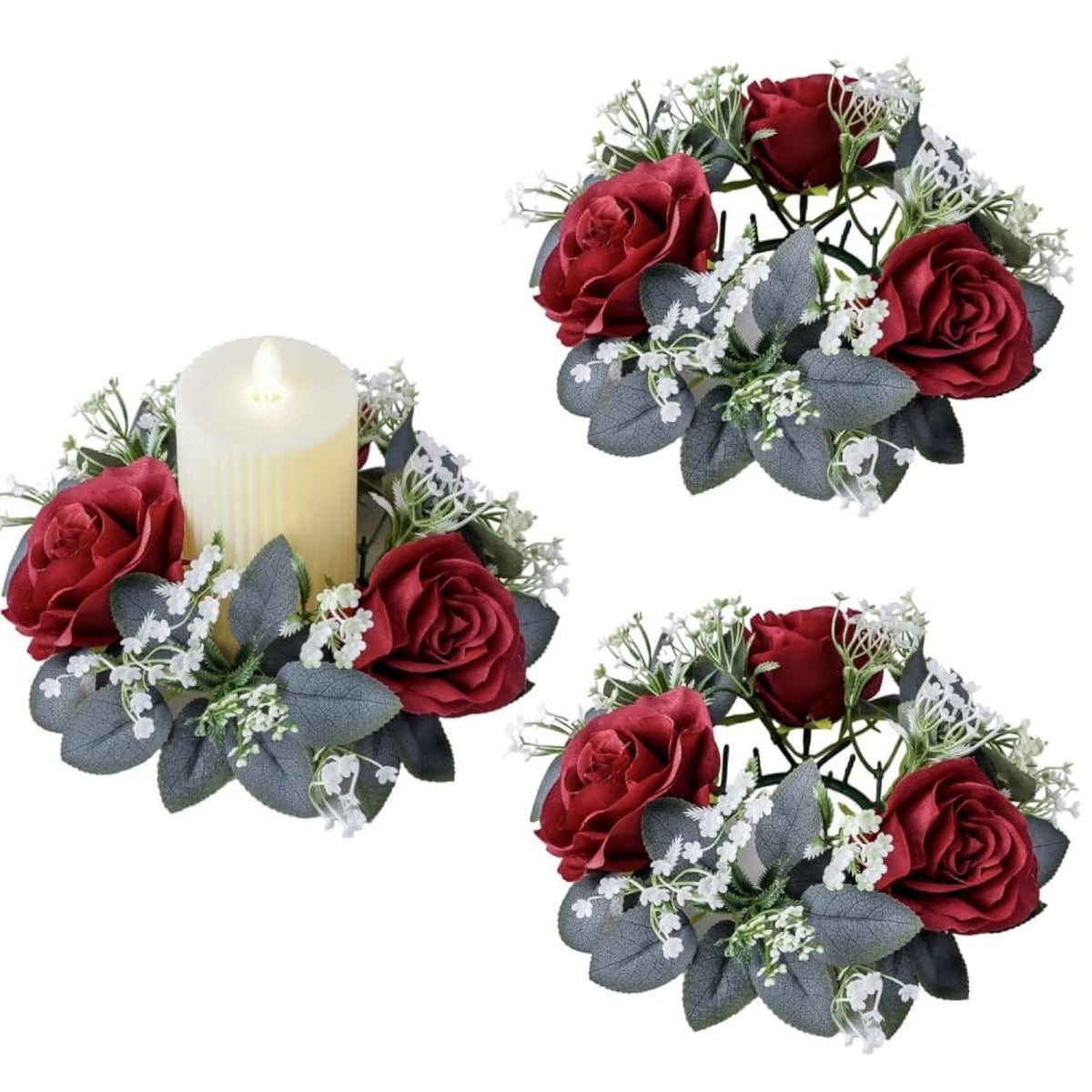 2 Pcs Artificial Rose Candle Rings Holder,Christmas Floral Wreaths With Eucalyptus Leaves Greenery Candle Rings For Pillar Candle Lantern Wedding Centerpiece Party Home Table Decor (Red)