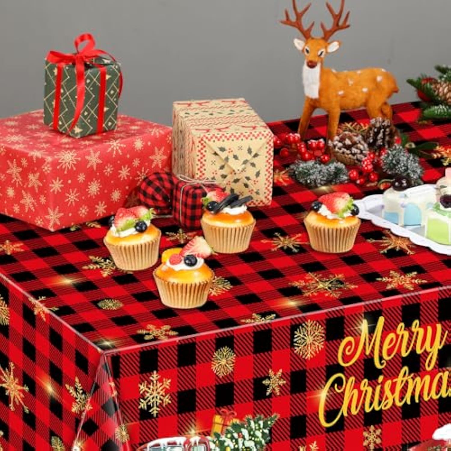 3 Pack Christmas Red Truck Tablecloths Decor Plastic Xmas Party Table Covers Retro Merry Christmas Tree Farm Print Party Supplies Xmas Winter Holiday B'Day Party Decor, 54''X108'' (Plaid)