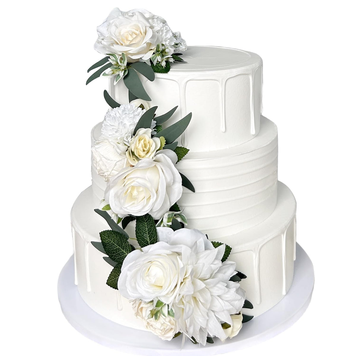 3Pcs Ivory White Silk Flowers For Cakes Decorations Artificial Rose Peony Butterfly Wedding Cake Toppers Decorating Fake Floral Anniversary Birthday Party Arrangements Table Centerpieces Pre-Made