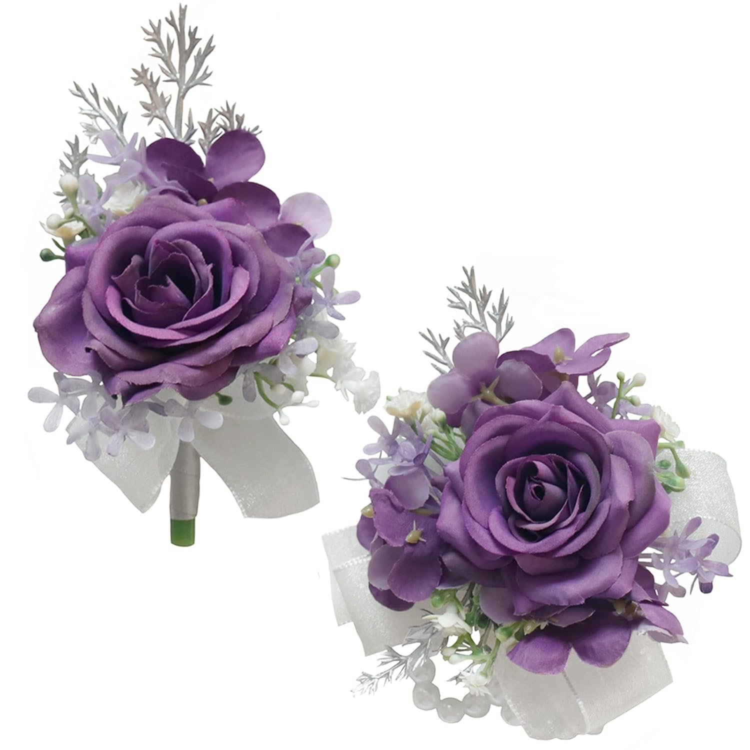 2 Pieces Of Corsage And Boutonniere Set, Artificial Flowers Accessories Suit Decor For Wedding Prom Party Homecoming Ceremony Anniversary -Dark Purple+Purple