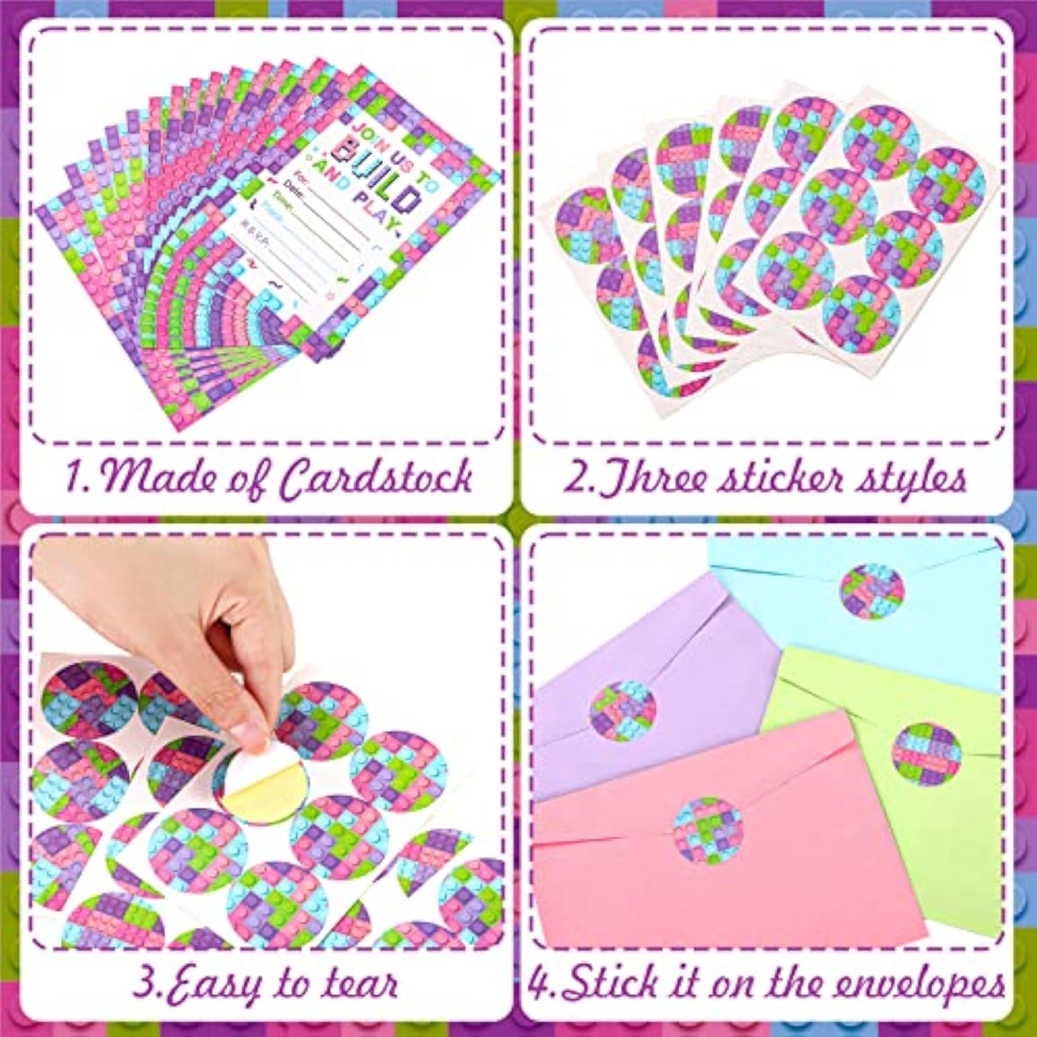 24 Set Girls Pink Birthday Party Invitations With Envelopes Bulk, Stacking Bricks Invite Card Set, Block Bricks Invitation Cards Sticker Labels For Girls Party Supplies Decoration