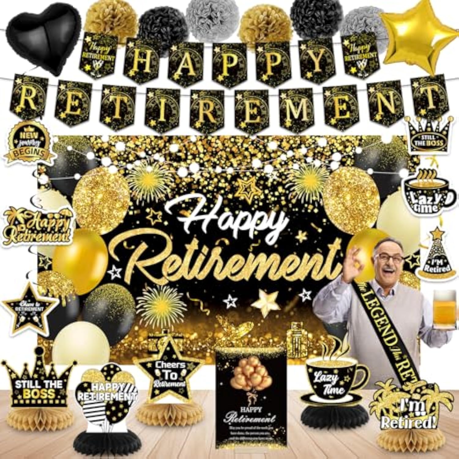 Happy Retirement Party Decorations For Men And Women - Black And Gold Banner, Backdrop Card, Sash, Hanging Swirls, Foil Balloons, Honeycomb Centerpieces