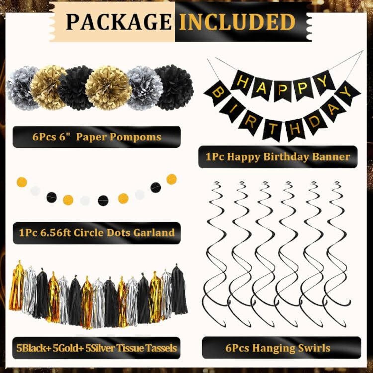 Black And Gold Birthday Party Decorations Kit For Men Women, Cheers Beer Confetti Black Gold Balloon Happy Birthday Banner Fringe Curtains Swirl Circle Dots Tassels Pom Graduation 30Th 40Th 50Th Him