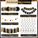 Black And Gold Birthday Party Decorations Kit For Men Women, Cheers Beer Confetti Black Gold Balloon Happy Birthday Banner Fringe Curtains Swirl Circle Dots Tassels Pom Graduation 30Th 40Th 50Th Him