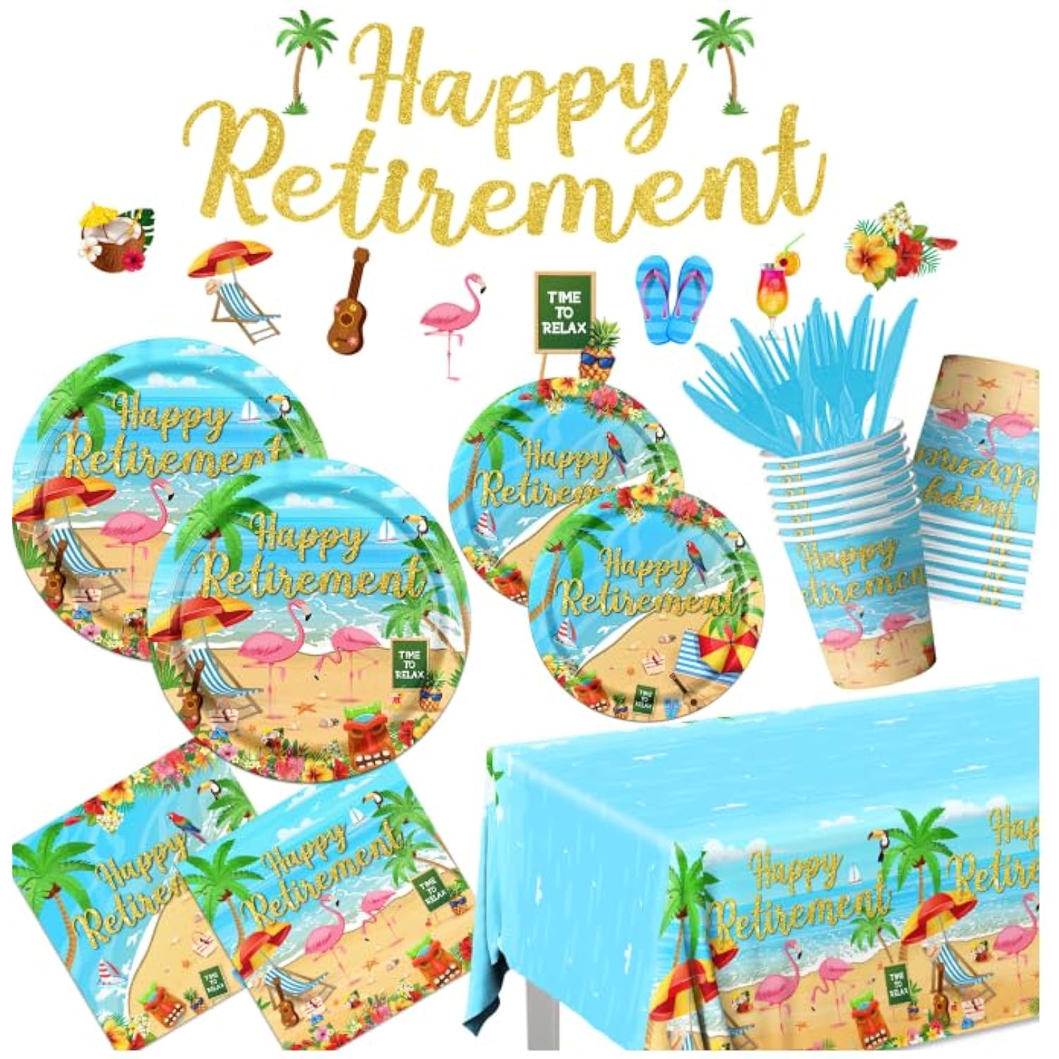 Tropical Aloha Party Decorations, 142Pcs Set - Plates, Napkins, Cups, Tablecloth For Beach Retirement Celebrations