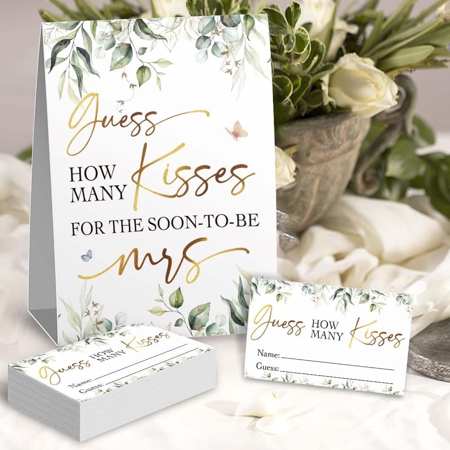 Greenery Guess How Many Kisses Bridal Shower Game - 1 Sign + 50 Cards Set, Bridal Shower Games, Bachelorette Party Night, Bridal Shower Games Ideas