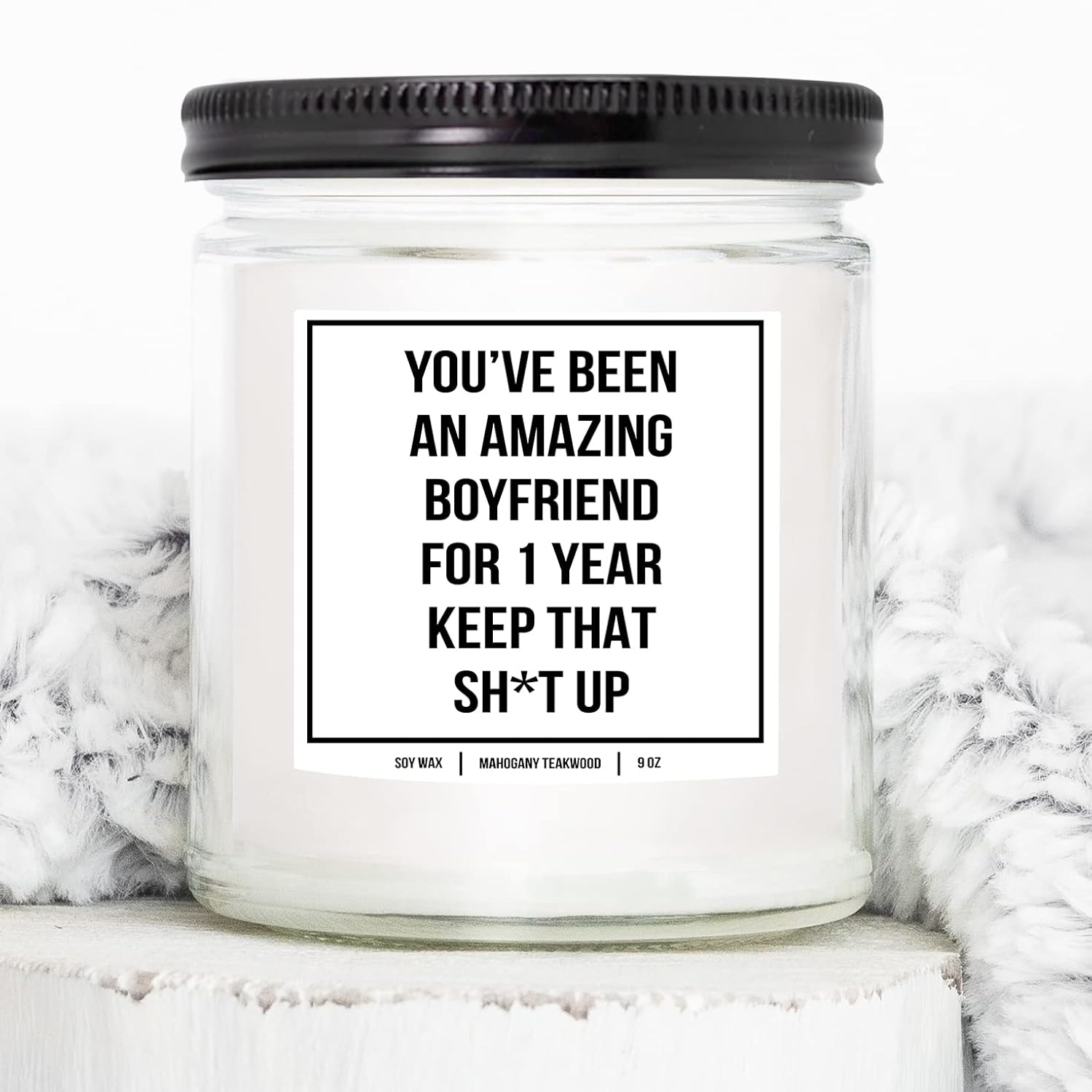 You Nique Designs 1 Year Anniversary Candle For Boyfriend, 9 Ounces, One Year, 1 Year Boyfriend Anniversary Candle, White All Natural Soy Vegan Aromatherapy Candles Scented (Eucalyptus & Spearmint)
