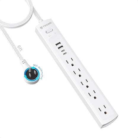 Surge Protector Power Strip 5 Outlets 4 USB Ports 2 USB C 360° Rotating Flat Plug 6FT White