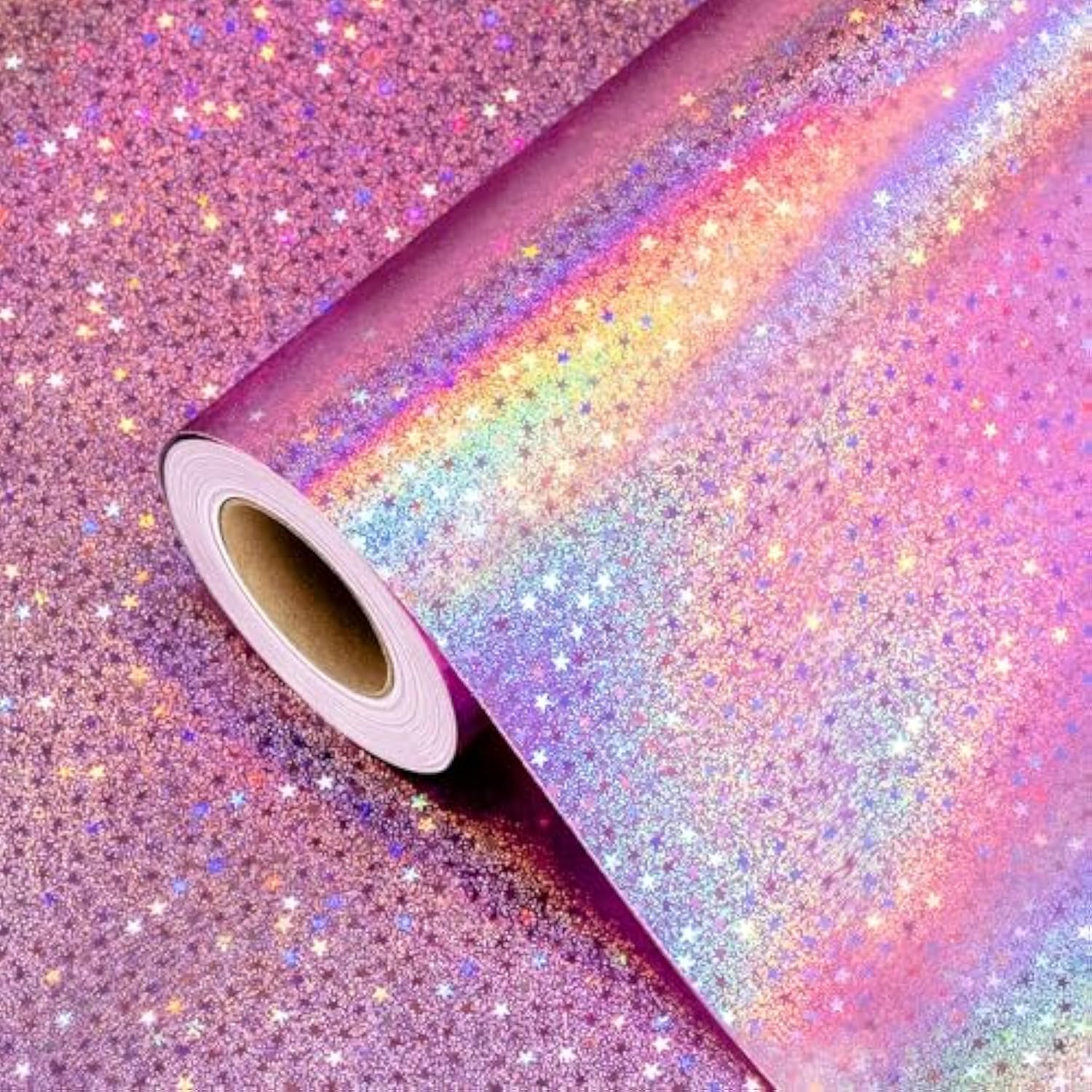 Pink Wrapping Paper Roll, Metallic Holographic Star Gift Wrap For Birthday, Valentines, Mothers Day, Graduation, Wedding, Fathers Day, Baby Shower, Christmas (17 In X 32.8 Ft)