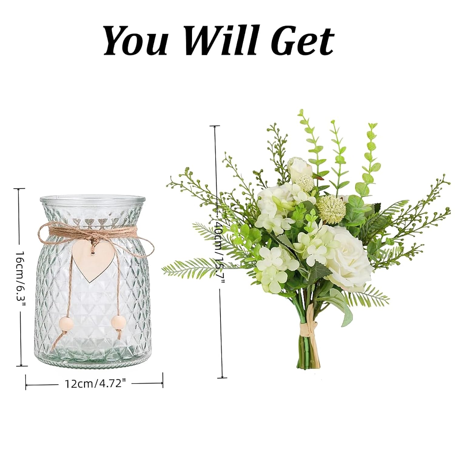 Artificial Flowers Plant With Vase, Faux Silk Roses Floral Hydrangea With Berry Fern Lveaves Decor In Vase, Table Centerpiece Decorations Wedding Bouquets For Party Office Farmhouse Kitchen Home Decor