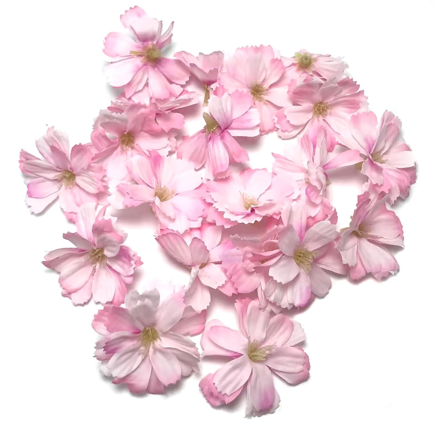 20Pcs Artificial Cherry Blossom Flowers Heads Pink Fake Faux Small Flowers Bulk Crafts Faux Flowers Heads For Diy Bridal Hair Clips Headbands Dress Accessories Wedding Party Decorative