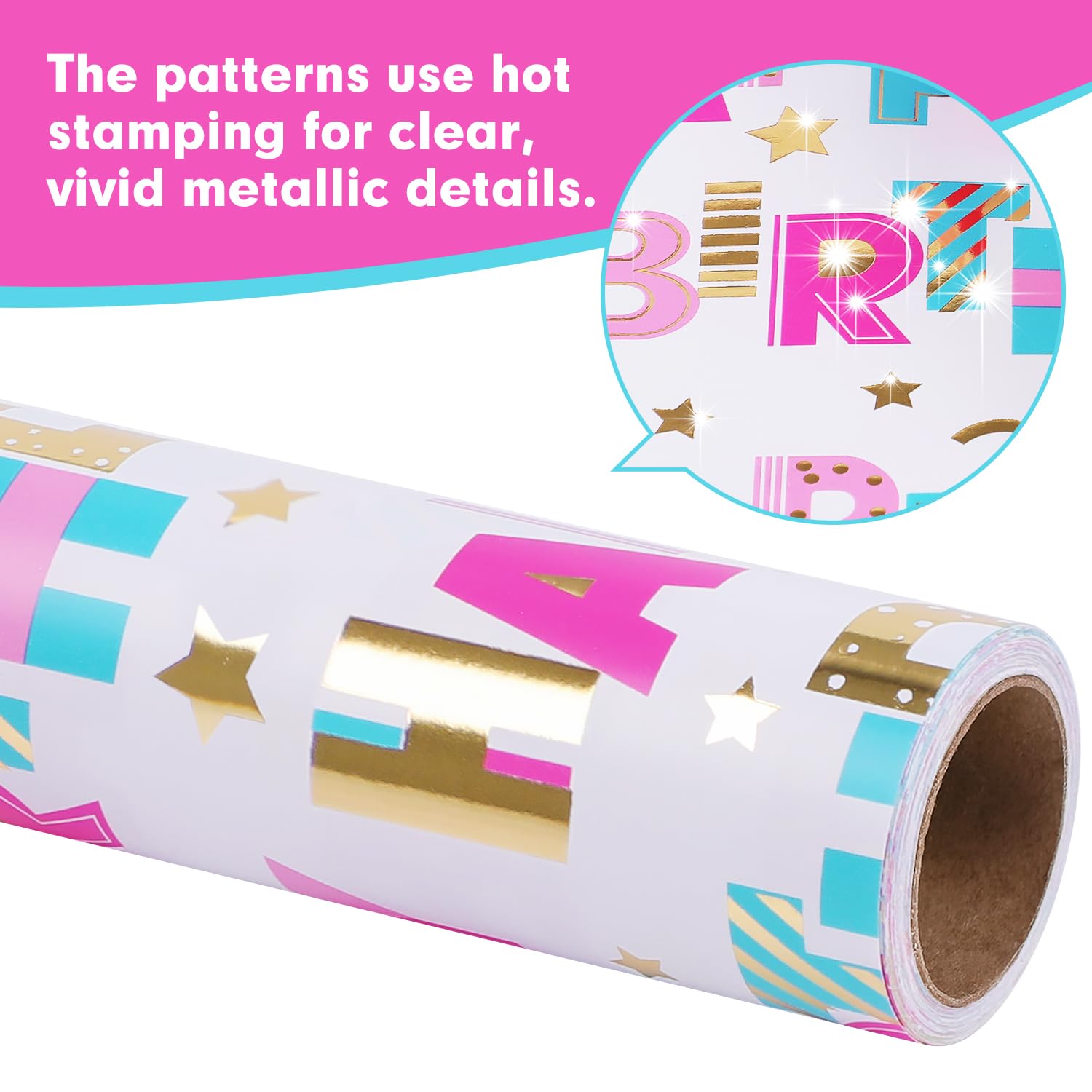 Birthday Wrapping Paper Roll - 1 Roll(17" X 33Ft) - Pastel Happy Birthday Gift Wrap Supplies For Kids
