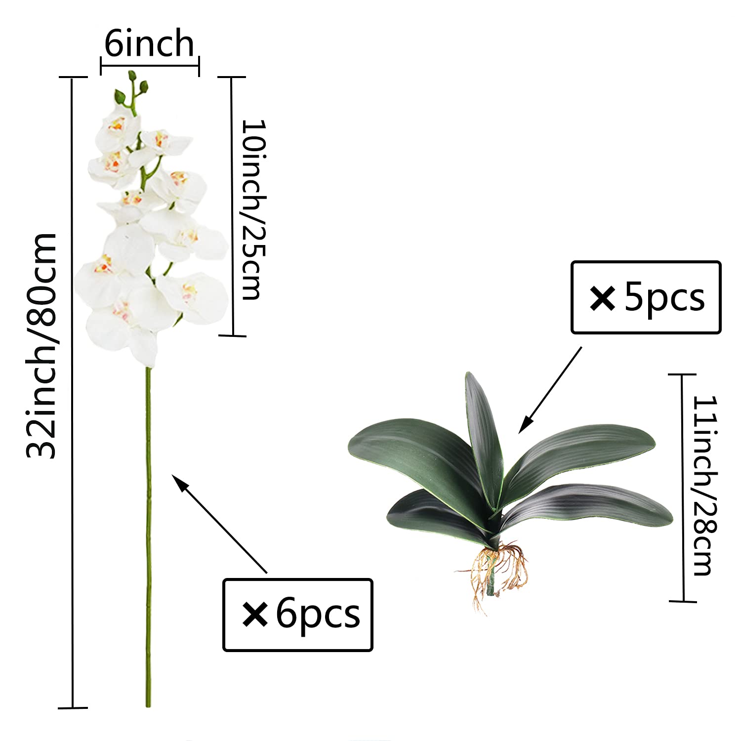6 Pcs Artificial Phalaenopsis Flowers With 5 Bundles Leaves Artificial Orchid Flowers Stem Plants For Home Décor