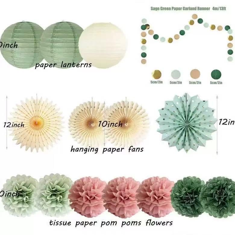 Sage Green & Dusty Pink Party Decor Set, Tissue Pom Poms Paper Lanterns Paper Fans with Garland, Decor Supplies for Birthday Wedding Bridal Shower Baby Shower (blun)