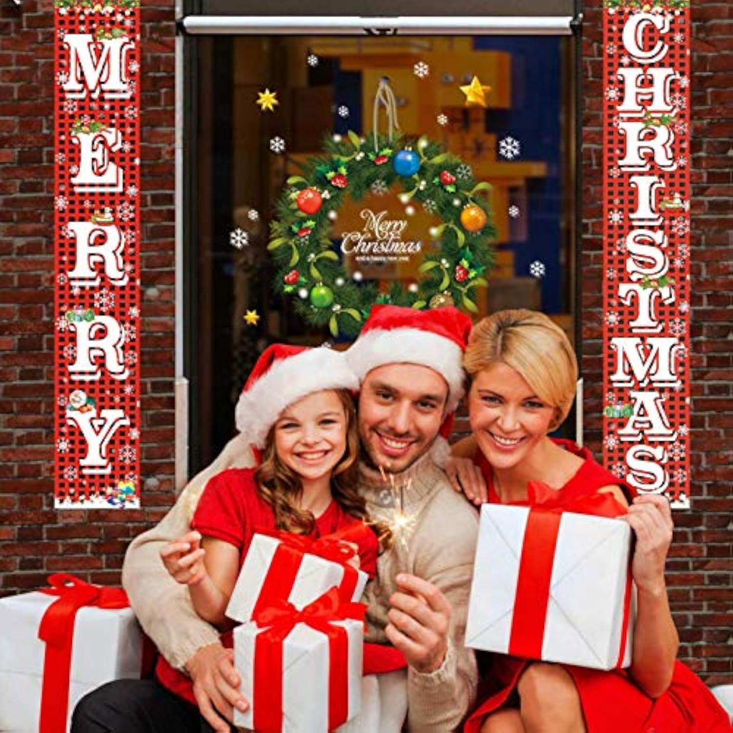 Merry Christmas Hanging Banner Porch Sign With Pattern Christmas Tree Presents Snow Banner For Home Yard Indoor Outdoor Wall Door Christmas Party Decorations 72"X12"