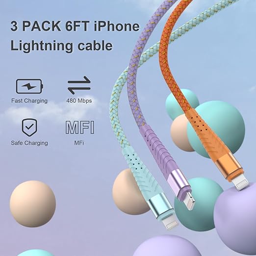 3 Pack 6FT MFi Certified Lightning Cable Nylon Braided iPhone Fast Charging Cord