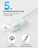 Surge Protector Power Strip 12 Outlets 6 USB Ports 3 USB C 5FT Flat Extension Cord 2100J White