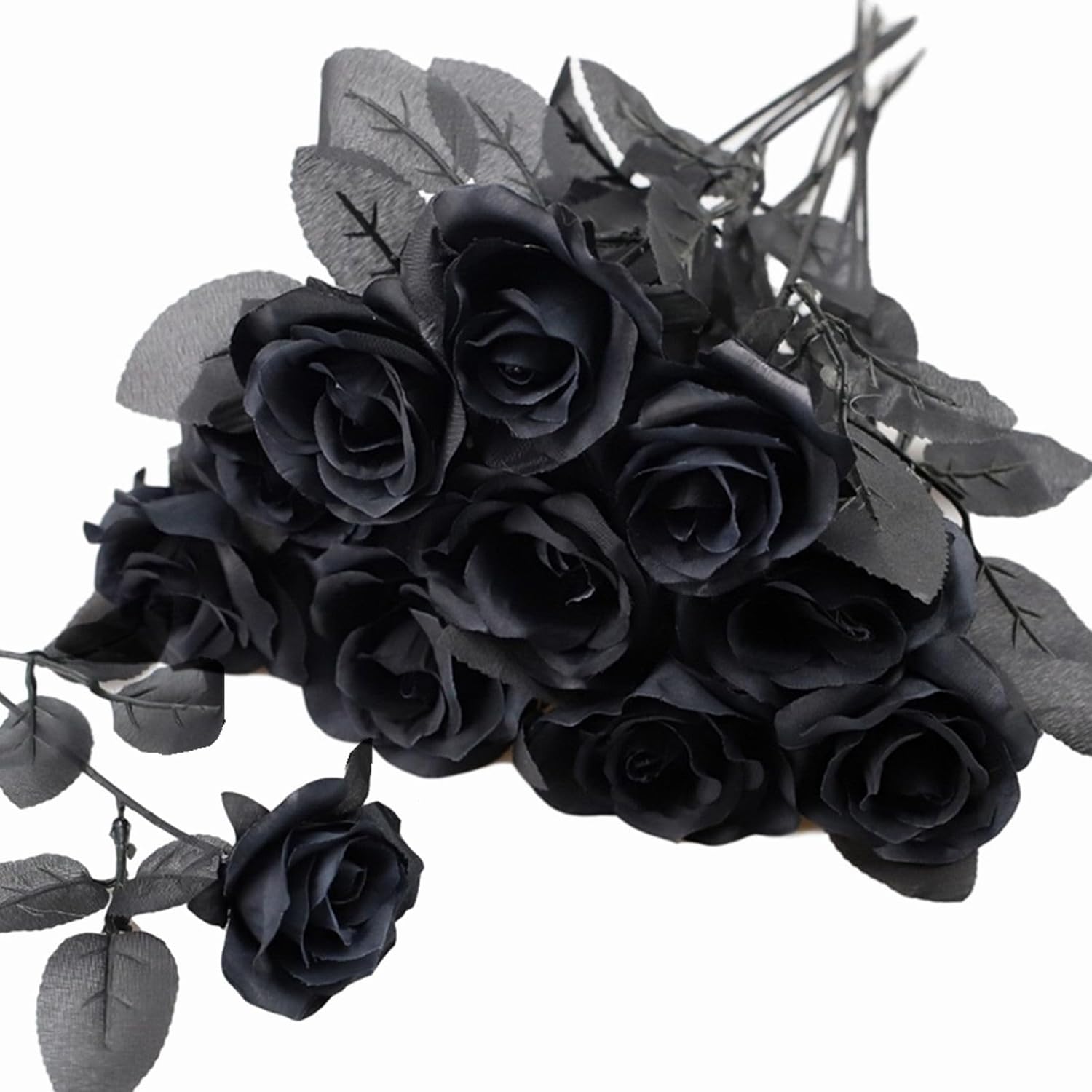 10Pcs Black Roses Artificial Flowers With Stems, Faux Silk Flowers Bridal Gothic Wedding Bouquet, Realistic Blossom Flora For Home, Office, Hotel Decorations