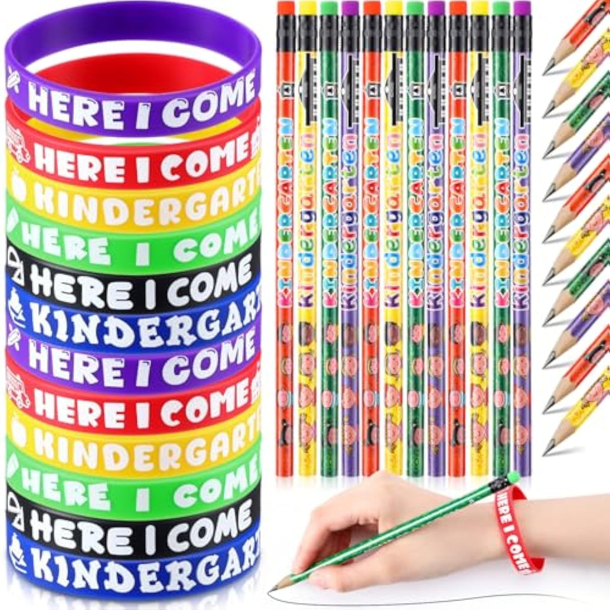 96 Pcs Kindergarten Here I Come Pencils Bracelets Kindergarten Pencils Wristbands For Kids, Back To School Gifts First Day Of School Supplies For Classroom Rewards Party Favors Goodie Bag