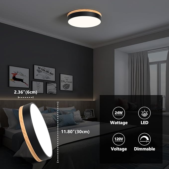 Modern Wood LED Ceiling Light with Remote Black Flush Mount 2700K-6000K Dimmable