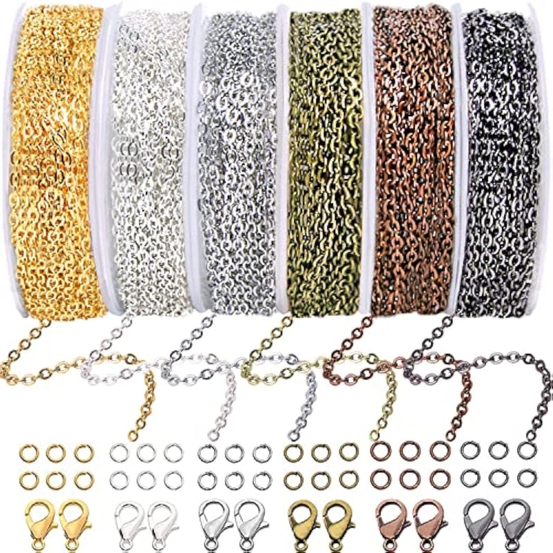 Chains Jewelry Making Supplies, 60Ft Cable Link Chains For Making Jewelry Necklace Earring Bracelet Findings Diy Craft Kit For Adults, 6-Color 2Mm Gold Silver Copper Plated Metal Link Rolls Bulk