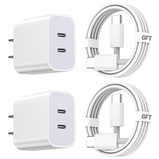 2 Pack Dual Port USB C Fast Charger with 6FT USB C Cable for iPhone 17 16 15 iPad Wall Charger