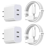 2 Pack Dual Port USB C Fast Charger with 6FT USB C Cable for iPhone 17 16 15 iPad Wall Charger