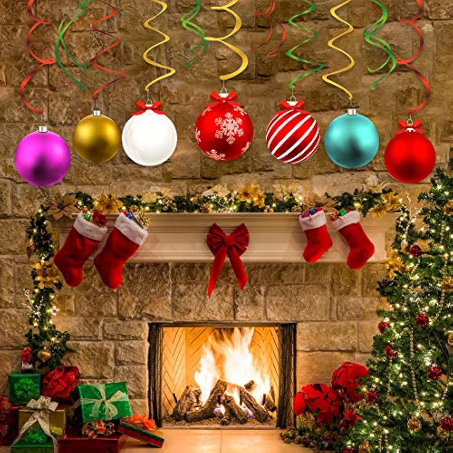 15Pcs Christmas Ball Hanging Swirls Xmas Ball Ceiling Streamer Birthday Decorations Christmas Themed Party Favors For Holiday Baby Shower Home Decoration Party Supplies