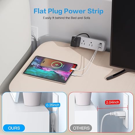 Desk Clamp Power Strip 3 Outlets USB C 6.5FT Flat Plug Desk Mount White