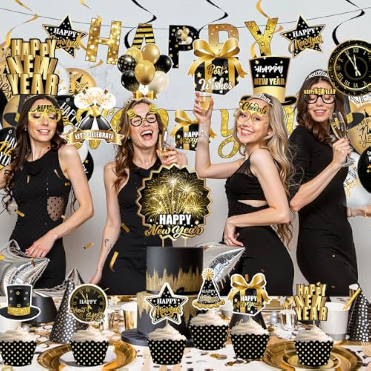 2026 Black Gold New Year Kit with Banner, Cake Toppers, Swirls, and Photo Props