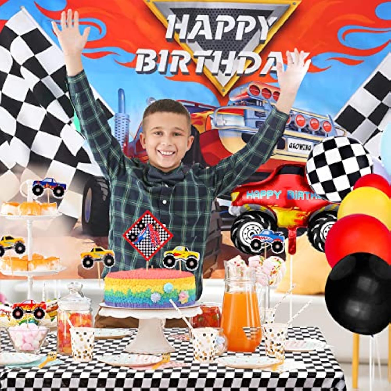 83 Pcs Truck Birthday Party Supplies – Includes Backdrop, 72 Balloons, Table Cover & Cupcake Toppers