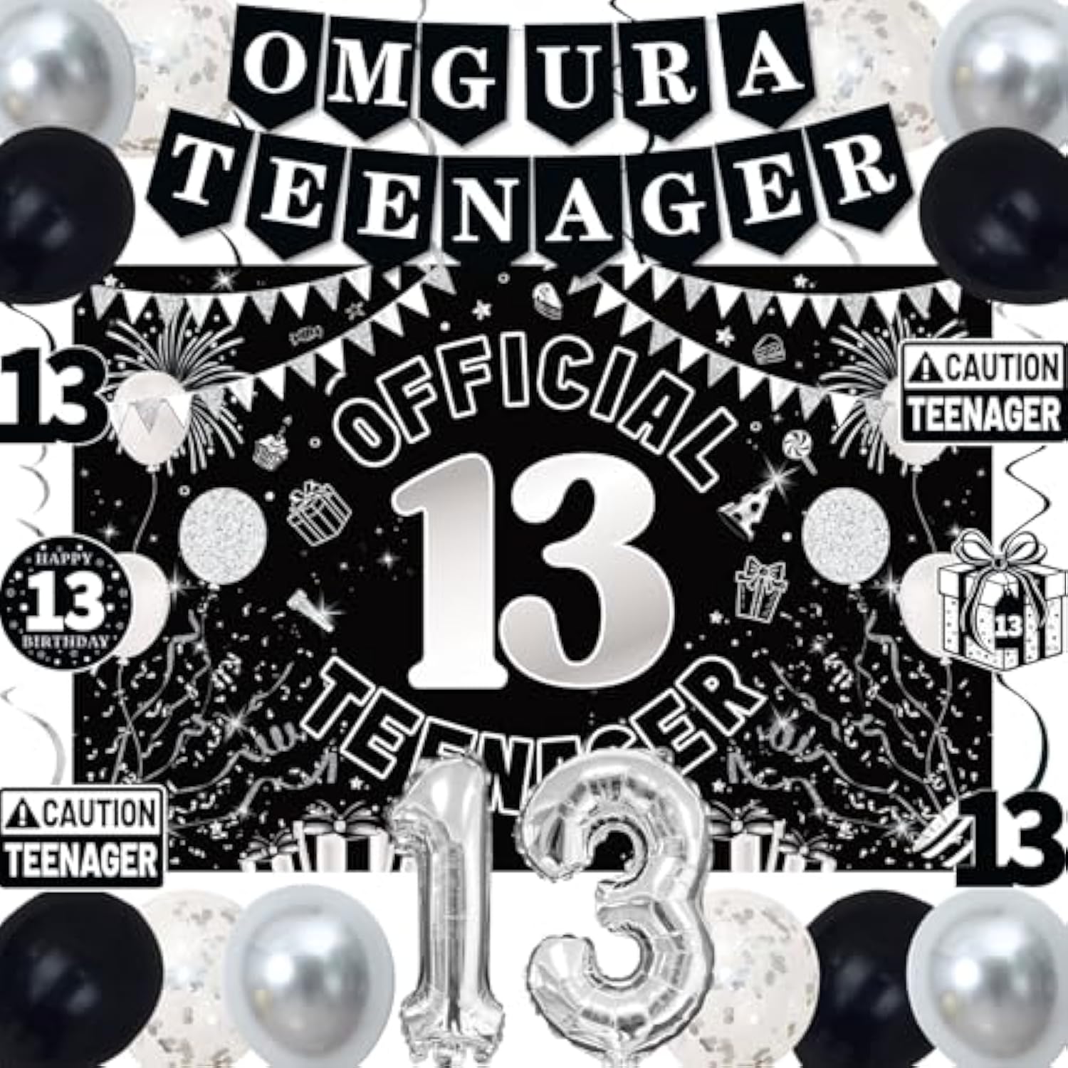13Th Birthday Decorations For Boys Girls, Black White Omg Ur A Teenager Birthday Party Decorations, Official 13 Teenager Backdrop, 13 Foil Balloons, Banner, Balloons, Hanging Swirl, Birthday Card Set