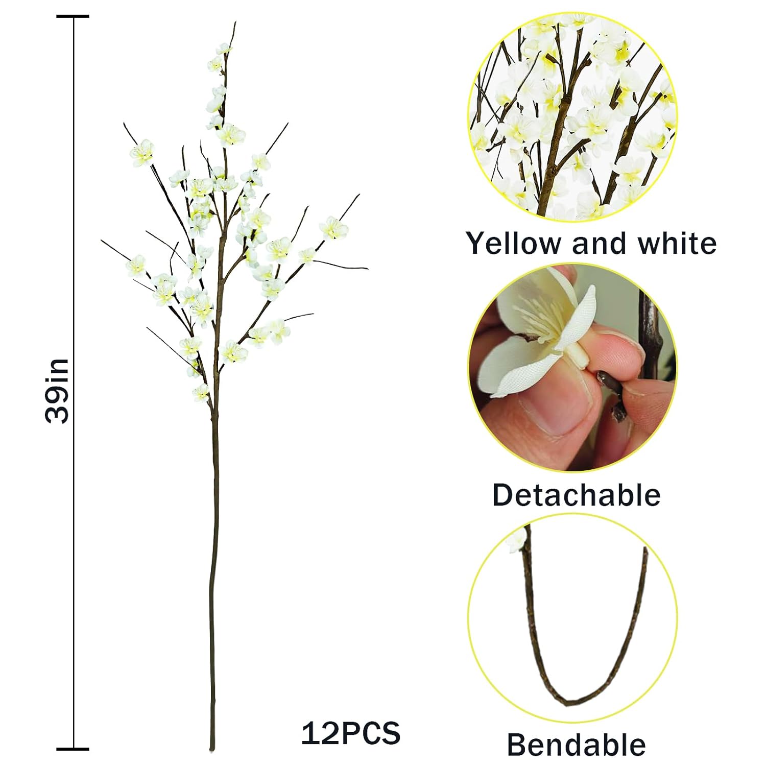 4 Pcs Cherry Blossom Branches 39” Tall Artificial Cherry Blossom Stems White Faux Cherry Blossom Flowers Arrangements For Vase Home Wedding Table Spring Decor