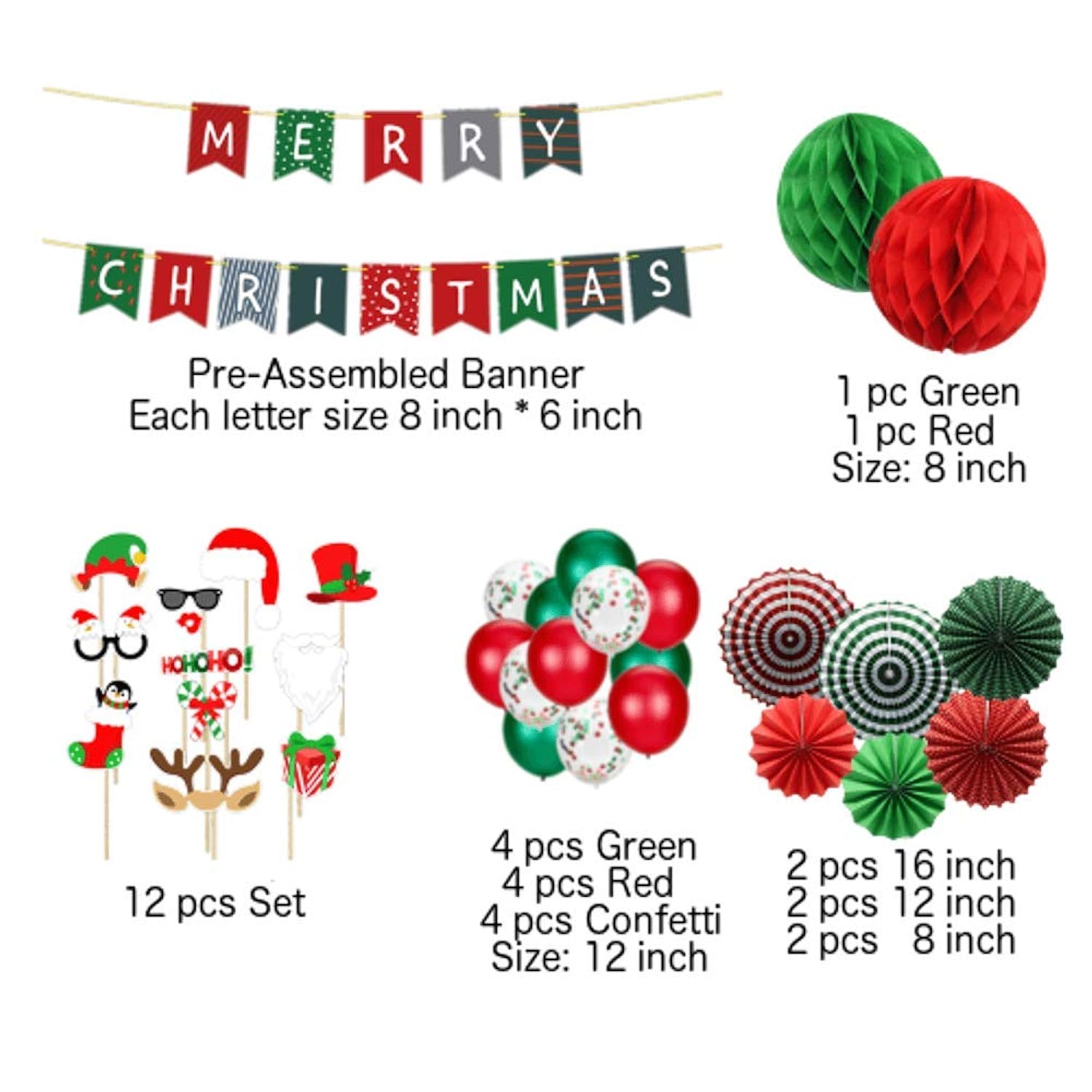 Christmas Party Decorations Kit - Set Includes Merry Christmas Banner Paper Fans Honeycomb Balls Xmas Photo Booth Props Confetti Balloons Red Green Latex Balloons String For Indoors Office Home Decors