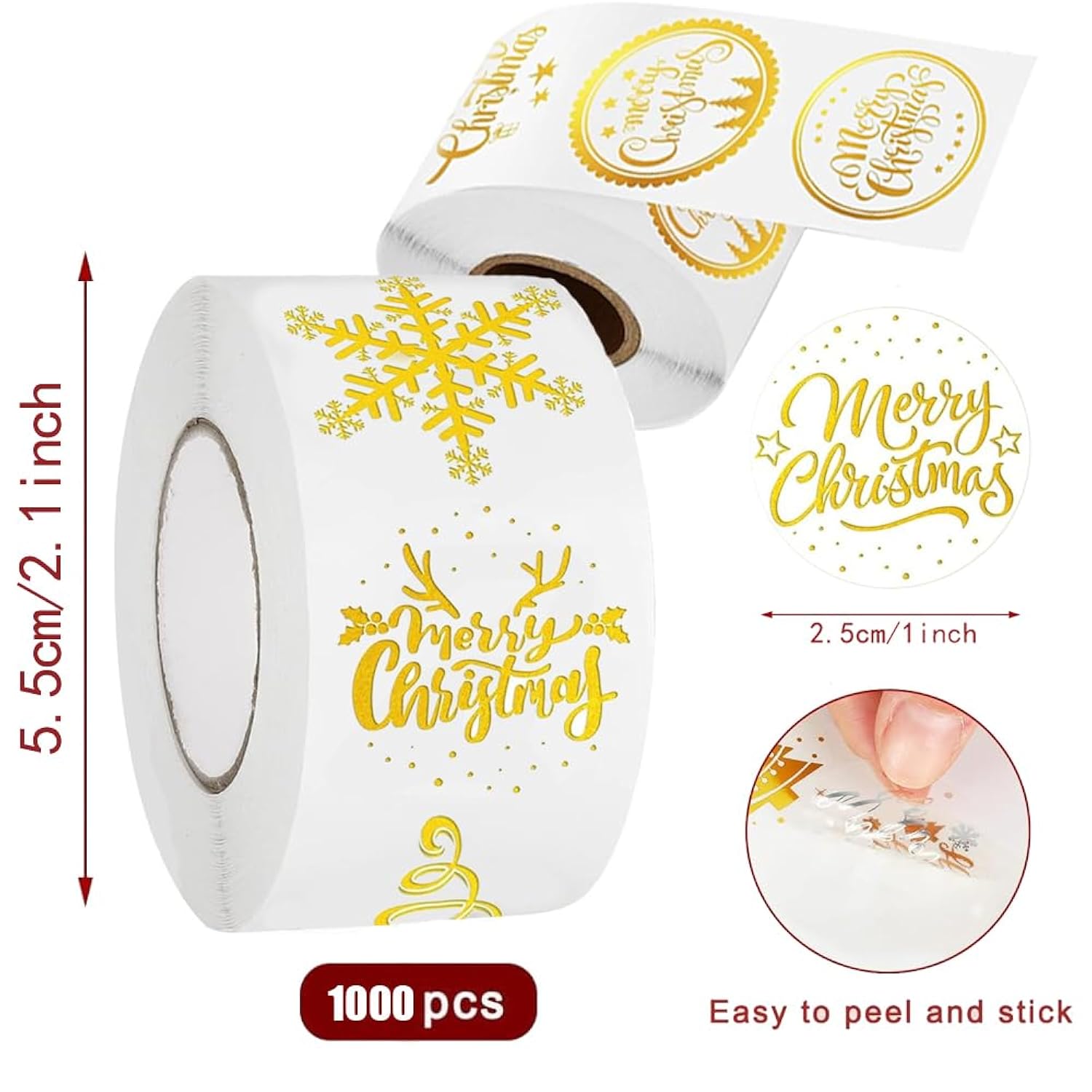 Merry Christmas Stickers Christmas Gold Foil Roll Seal Self-Adhesive Label 1000 Pcs 1" Round Xmas Envelope Card Gift Box Decoration