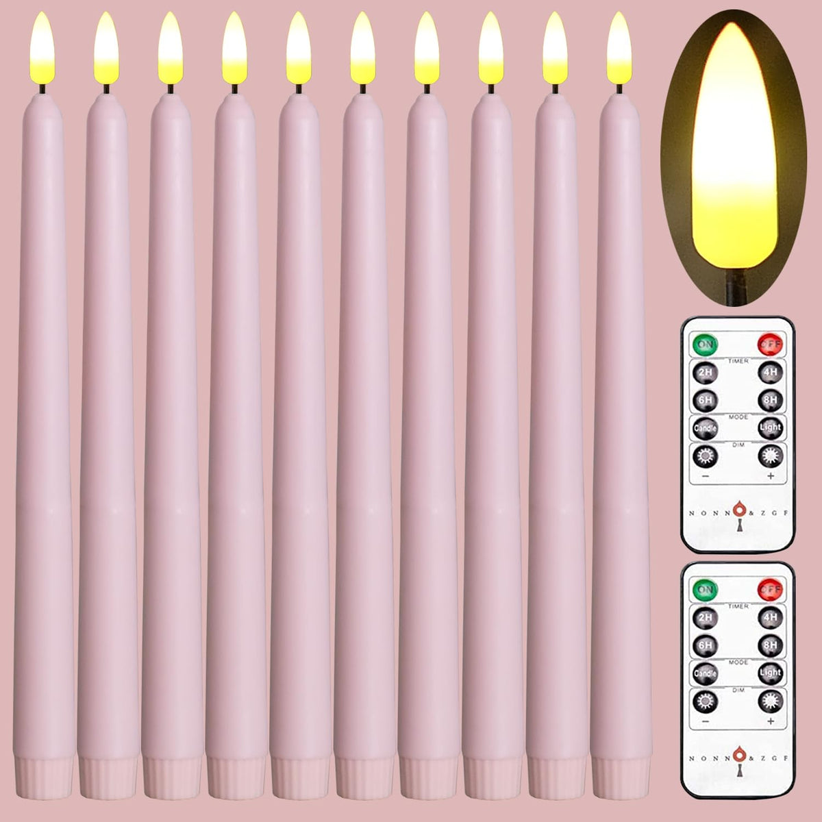 10 Pack Pink Flameless Wax Coverd 11'' Taper Candles With 2 Remote, Led Battery Operated Flickering Bright Candle For Proposal, Wedding, Festive, Family Dinner, Birthday Party, Or Home Decor