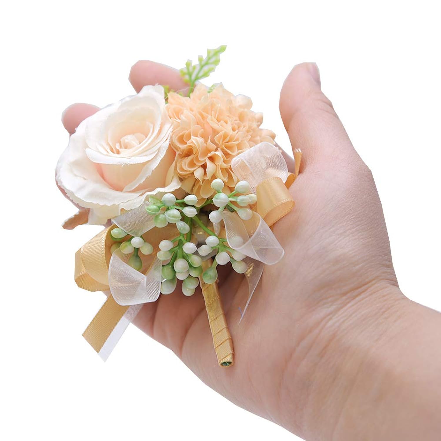 2Pcs Rose Flower Wrist Corsage Boutonniere Set Handmade Artificial Corsage Set Bride Hand Flower Men Boutonniere For Wedding Party Prom Decorations (Champagne)